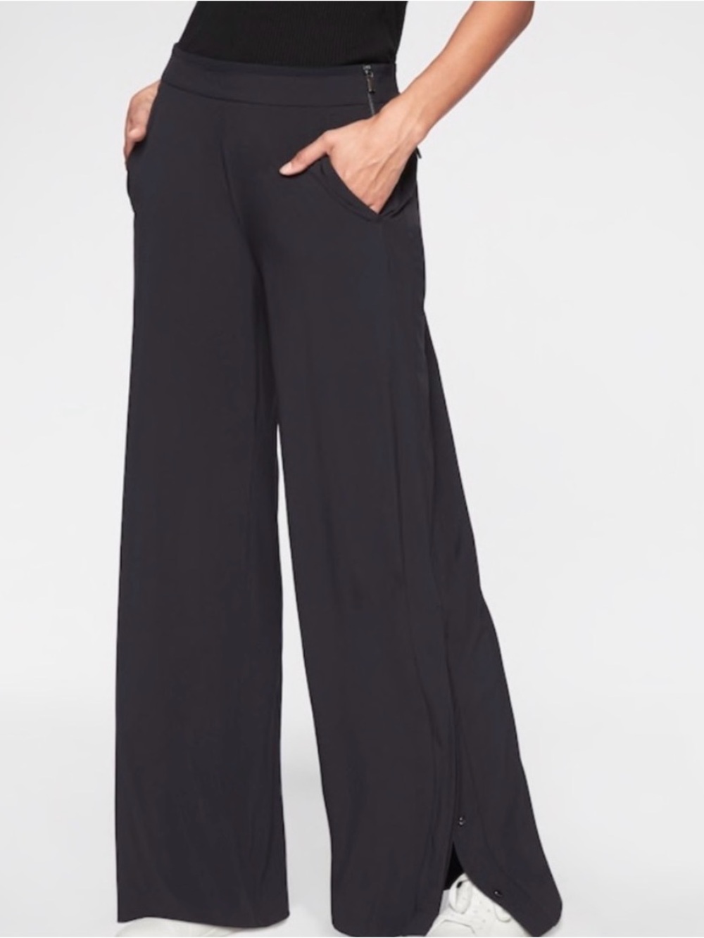 Athleta Black Wide Leg Snap Side Pants High Rise Stretch Trousers size 2